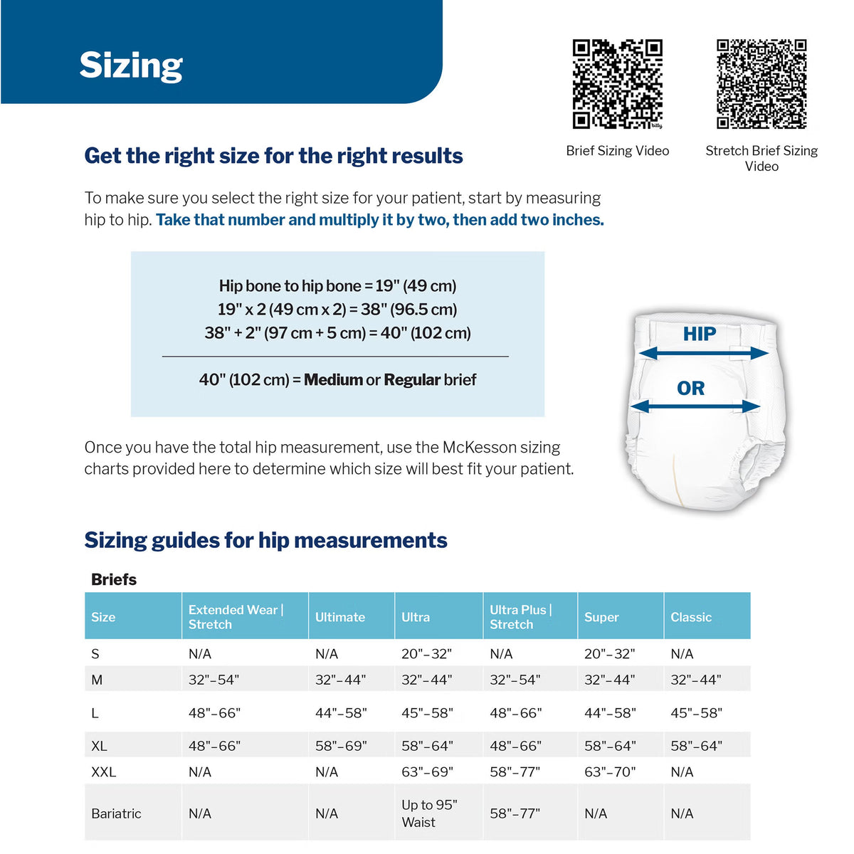 McKesson Ultra protective underwear size chart