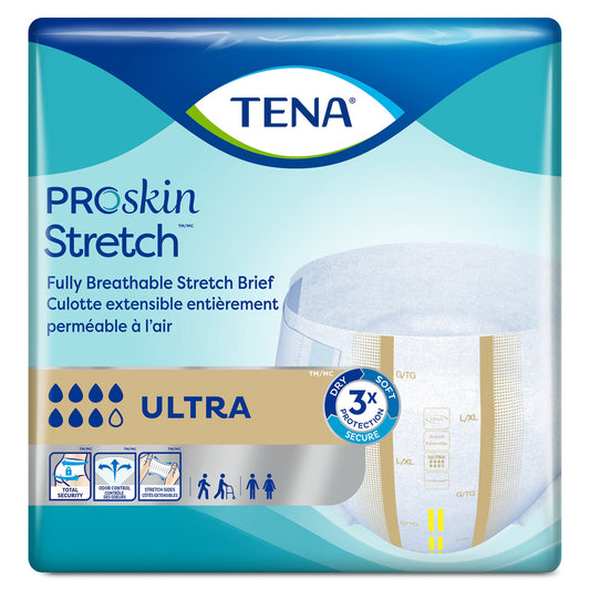 TENA ProSkin Stretch Ultra adult incontinence brief package, front view