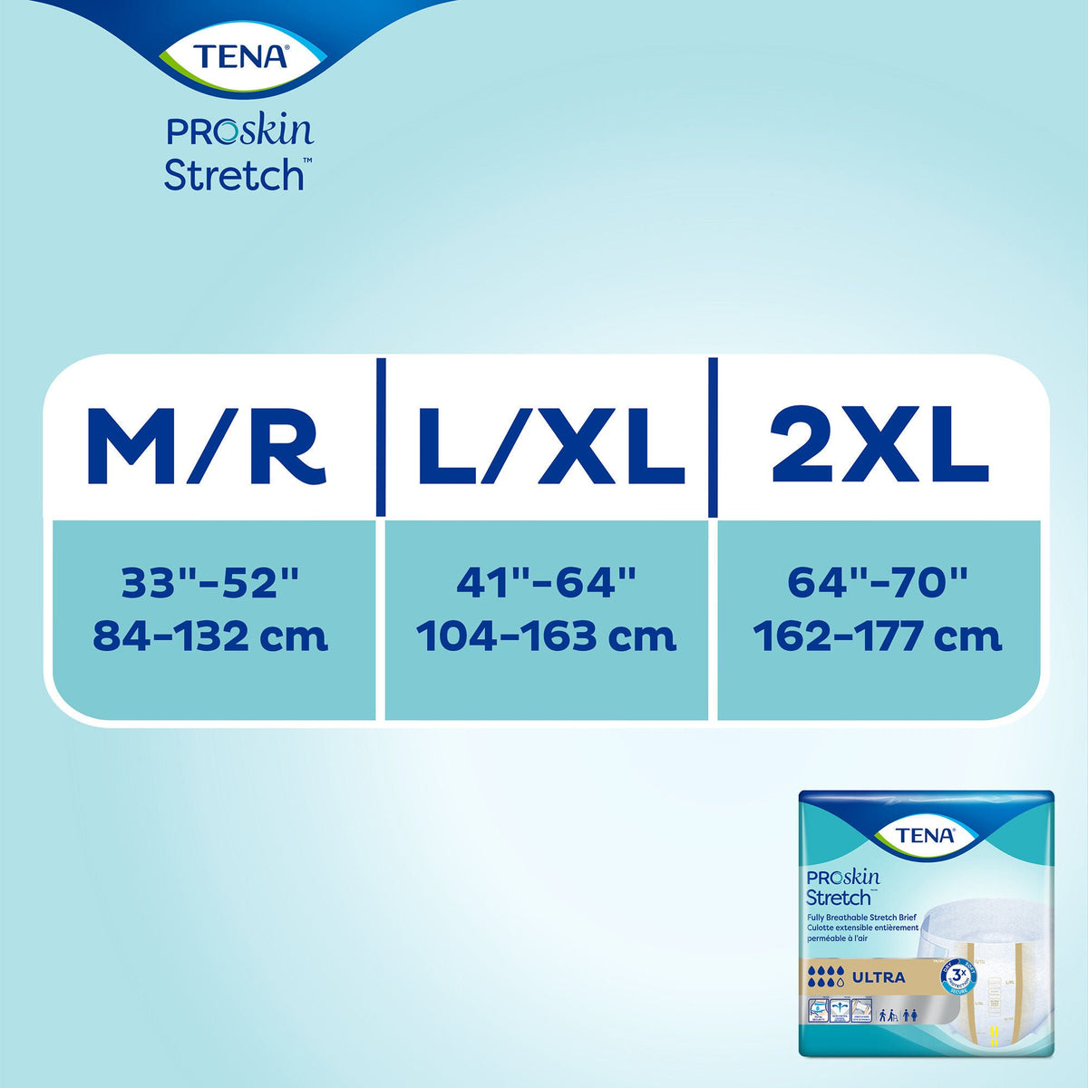 TENA ProSkin Stretch Ultra size chart with waist measurements