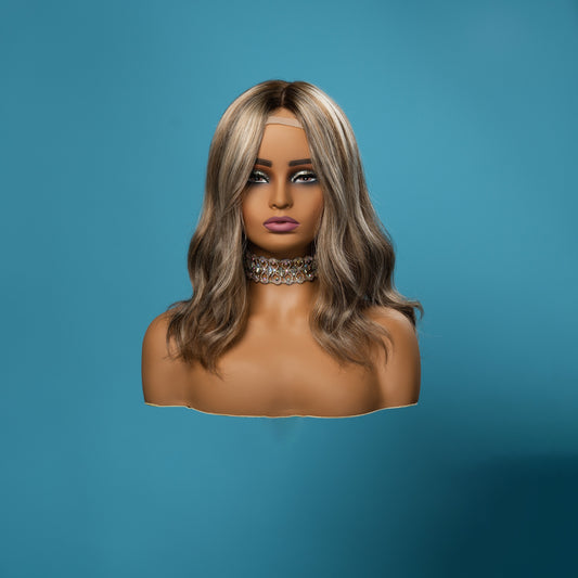 Olivia silk top medical wig, 14 inch highlighted blonde, front view