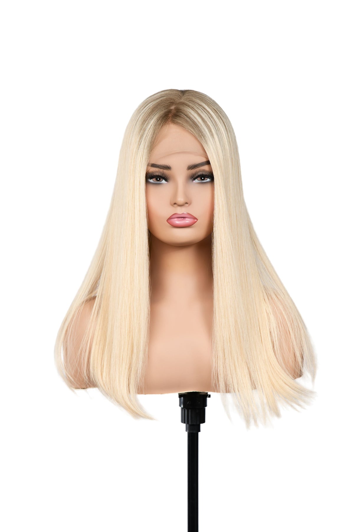 May silk top medical wig, straight rooted blonde, front view